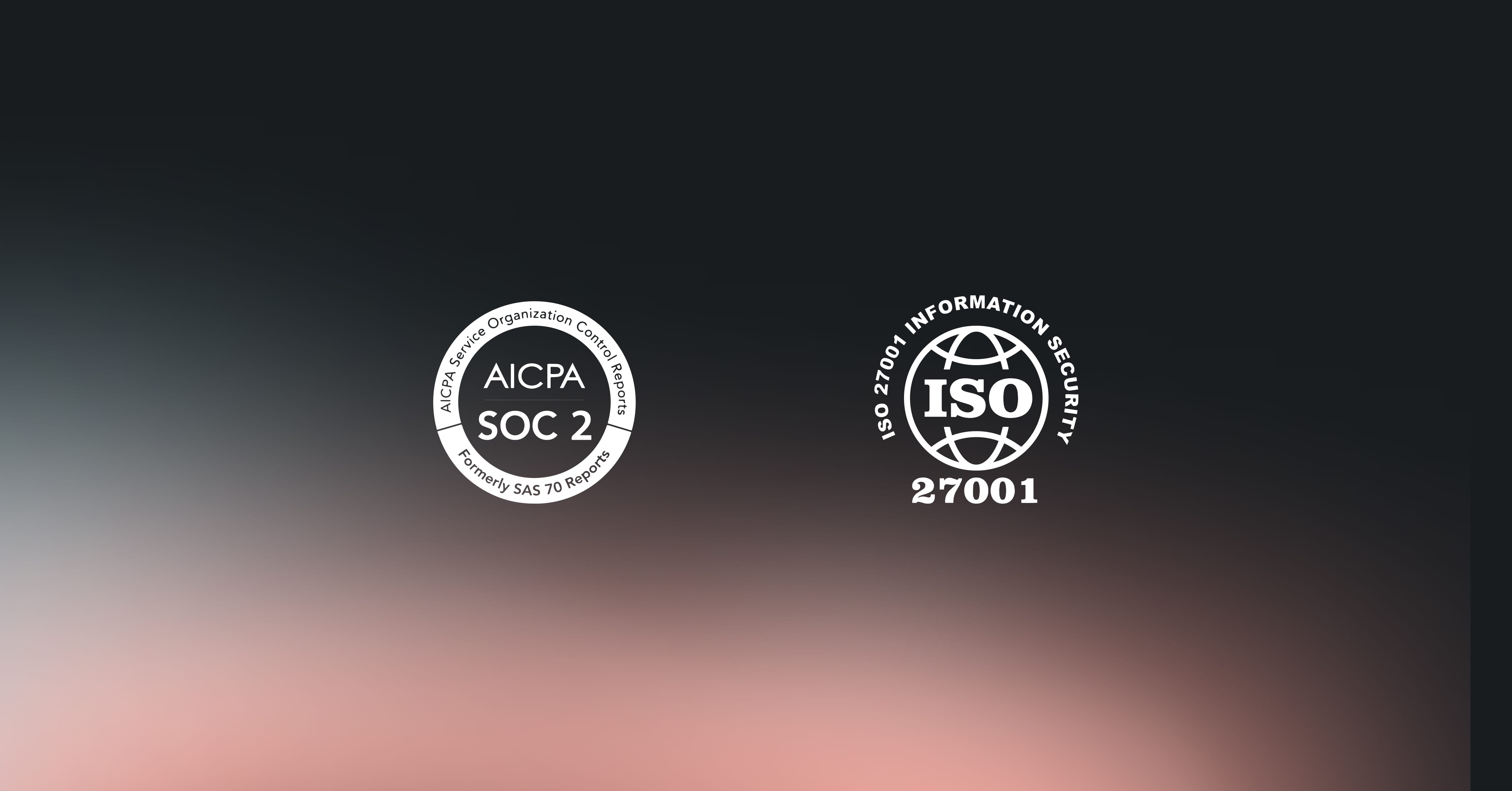 The SOC 2 and ISO 27001 logos on a blue background with light blue grid lines