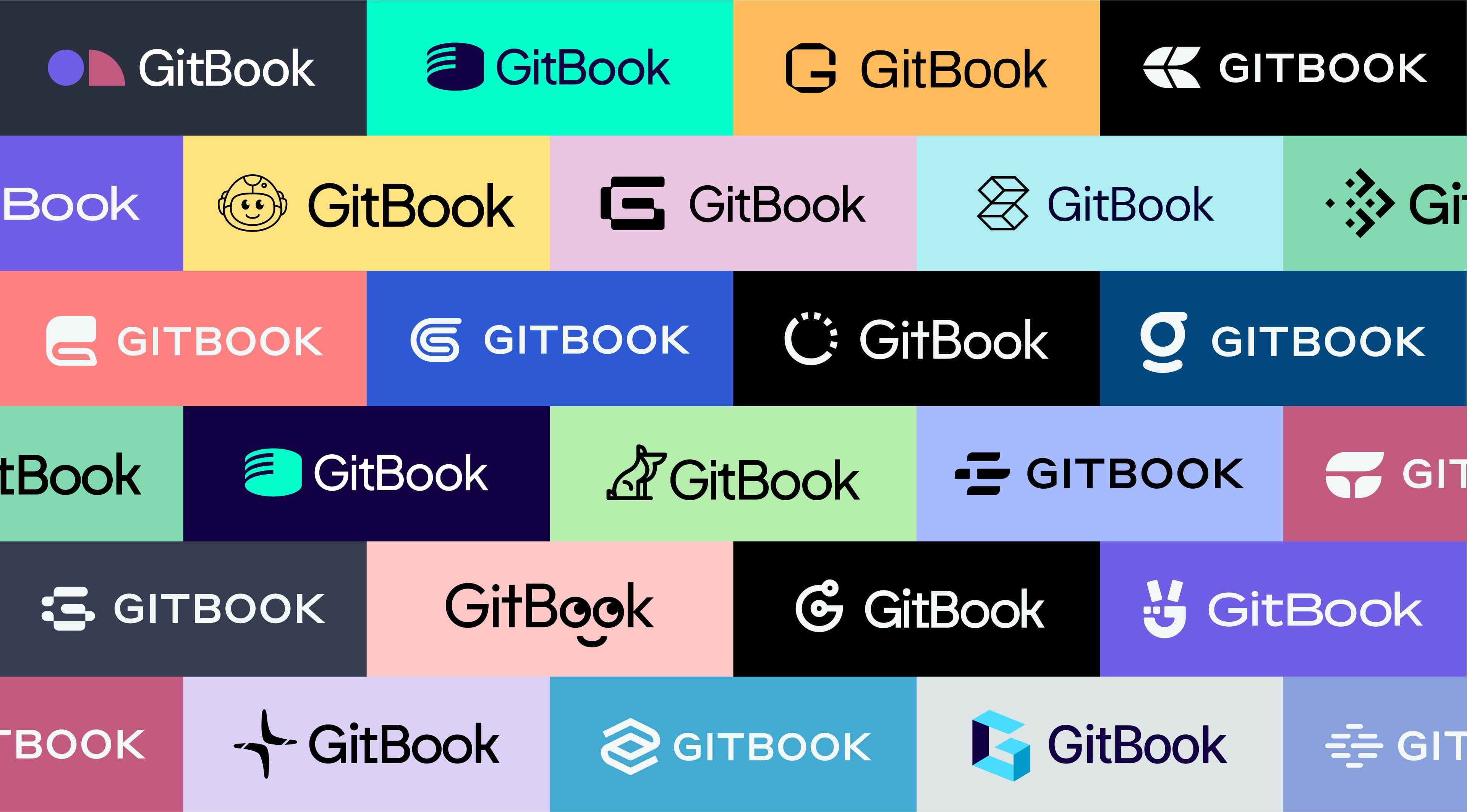 A grid of different icon mockups, each next to a GitBook word mark on a different colored background