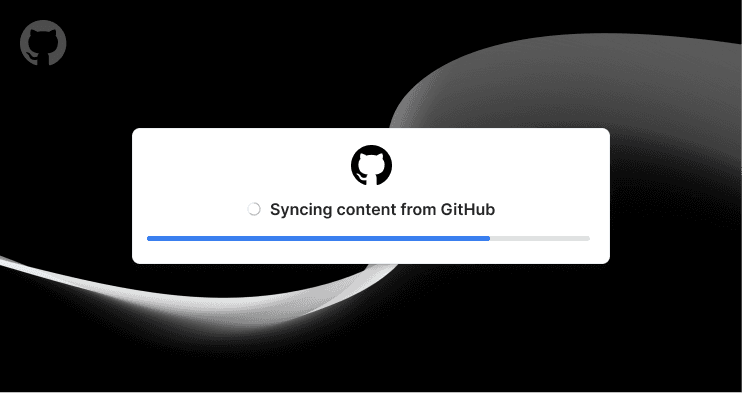 A loading bar showing GitBook and GitHub content syncing, on a black background with a white curved line