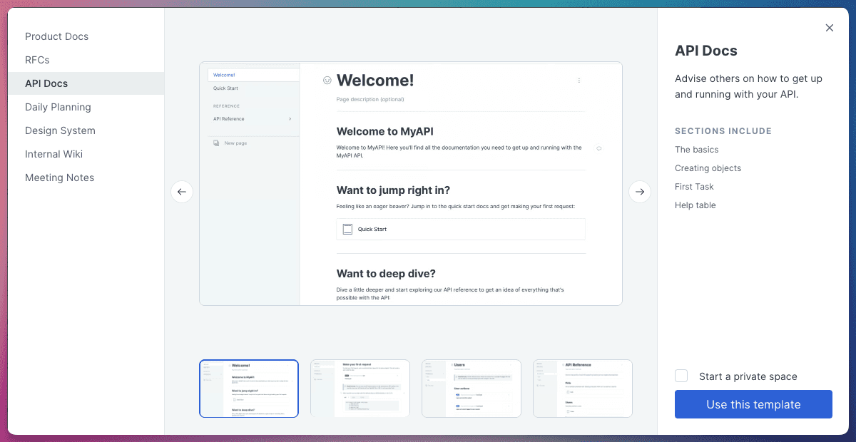 A screenshot showing the templates page in GitBook with the API Docs option selected