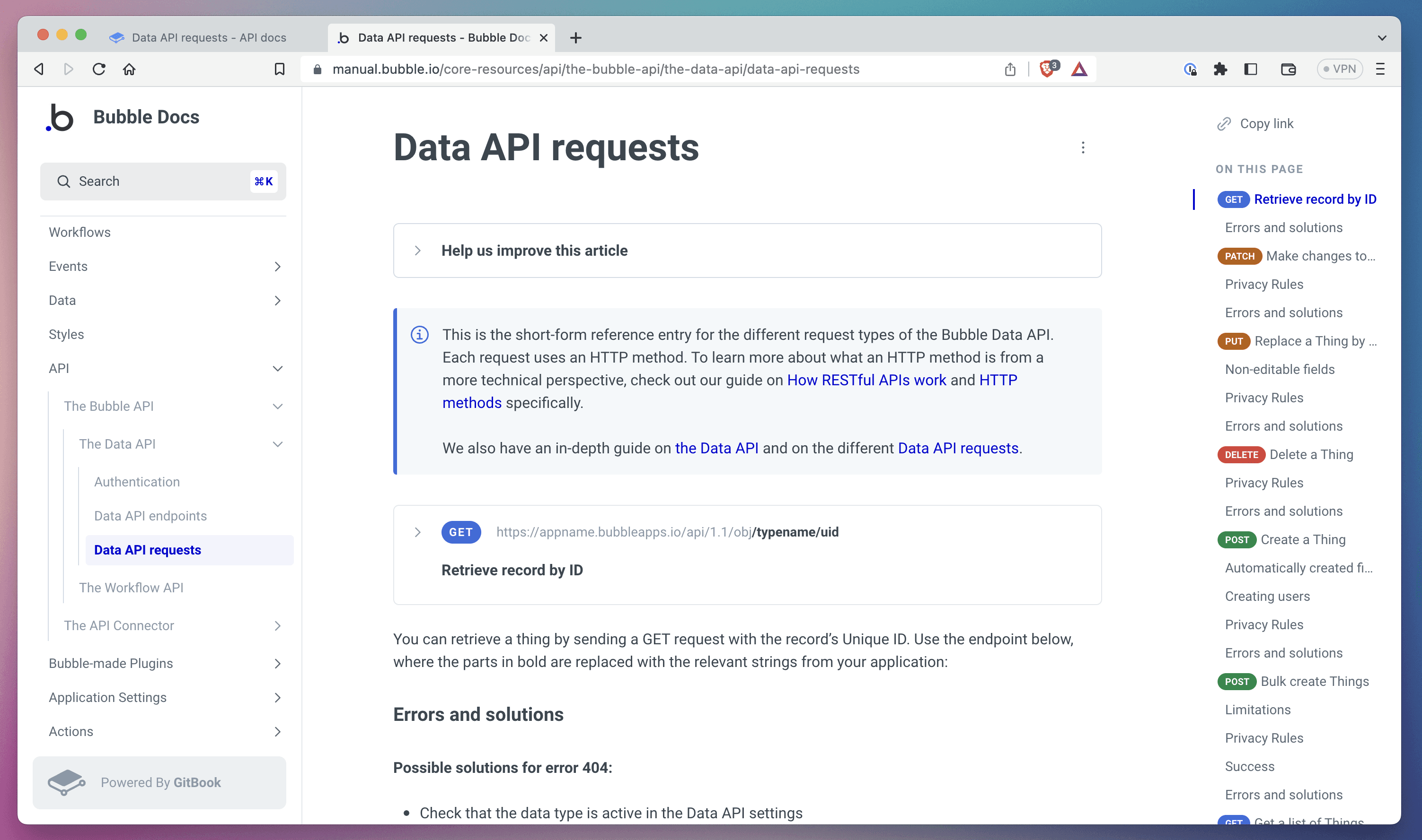 A screenshot of Bubble’s documentation as an example of API documentation