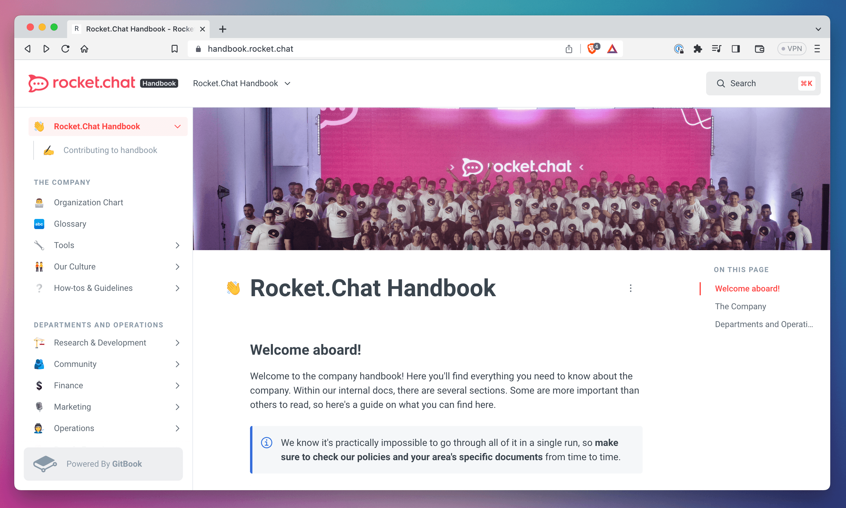 A screenshot of Rocket.Chat’s employee handbook in a browser window