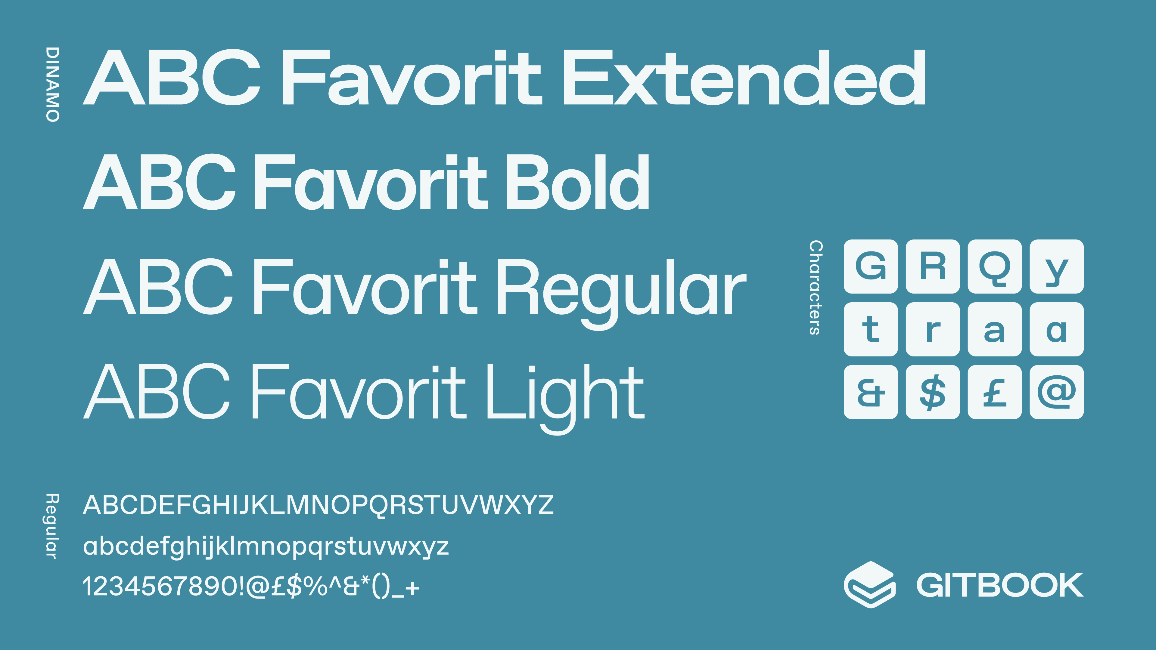 An image showing the different typefaces of the Favorit font on a teal background