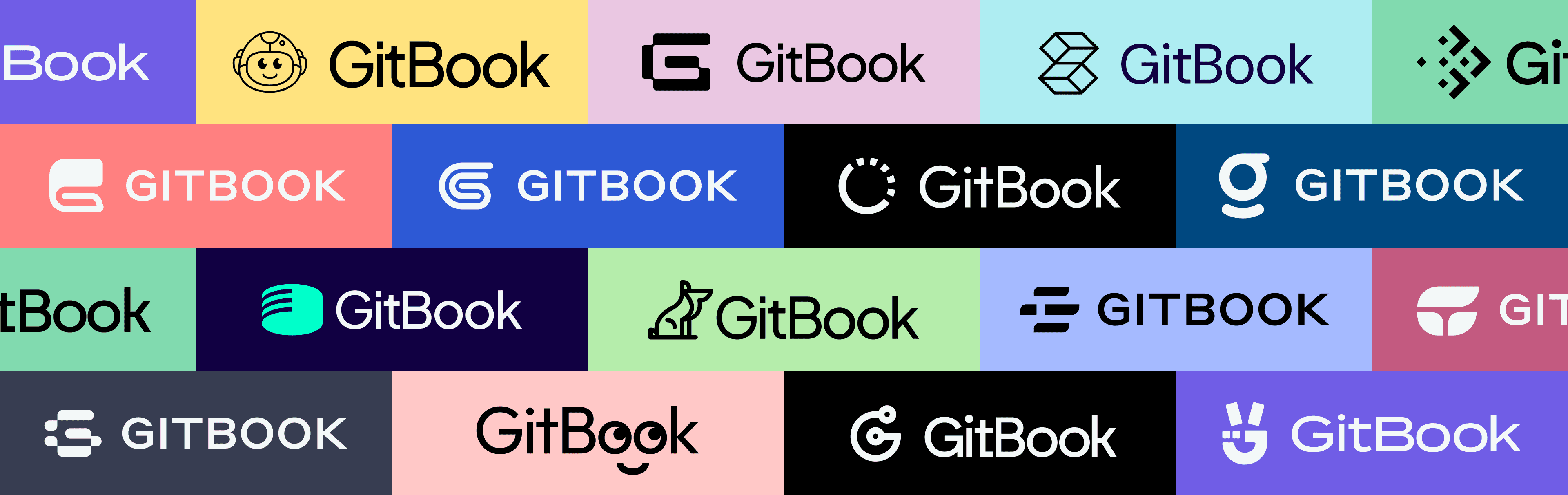 A grid of different logos and GitBook word marks on different colored backgrounds